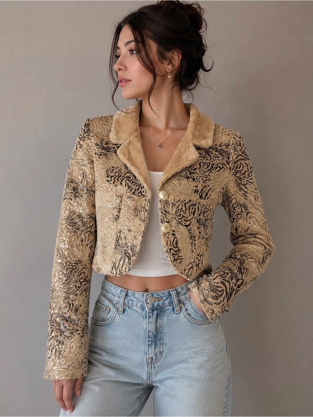 Y2K Blanc Noir Faux Fur Lined Cropped Jacket Size S